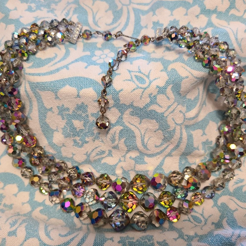 Signed Vintage Laguna Early 1960s  Triple Strand Aurora Borealis Choker/Necklace